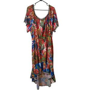 Flying Tomato Floral High-Low Dress With Tribal Trim & Flared Sleeves - Size 2x